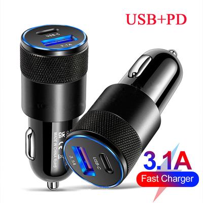 Cargador de coche USB tipo C de 2 puertos, cargador de teléfono, carga rápida de 3 A, 12 V, 15 W, adaptador de encendedor, toma de corriente para iPhone y Samsung.