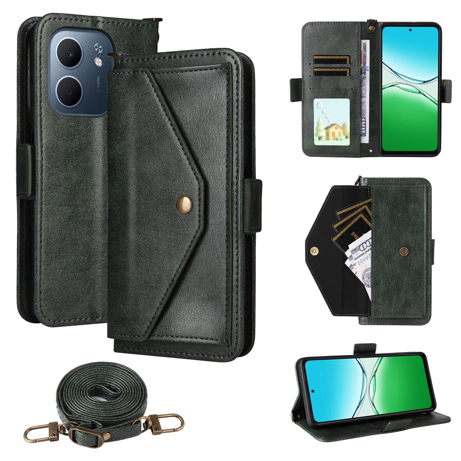 

For Oppo A5x 5G/4G Leather Case Magnetic Closure Wallet Stand Phone Cover with Crossbody Strap Green
