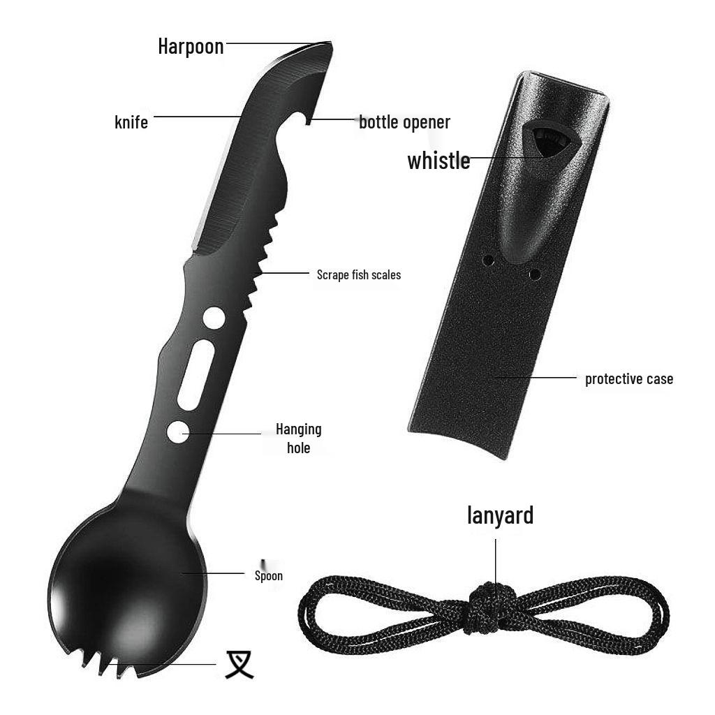 Multifunctional Camping Utensil with Knife, Fork, Spoon, Whistle for Outdoor Survival