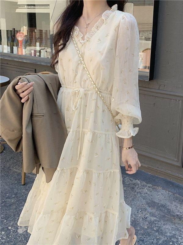 2026 Spring/Autumn Women's French Long Sleeve Tiered Cake Dress - Slimming and Tummy-Concealing A-line Skirt