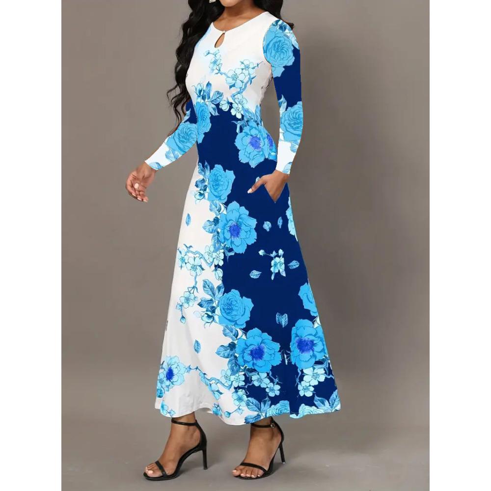 Women's Long Sleeve Round Neck Printed Pocket Long Elegant Dress