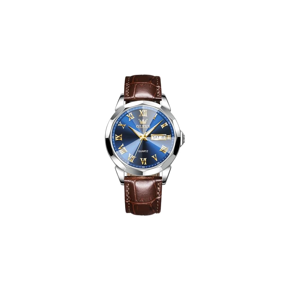 OLEVS Men s Quartz Watch Brown Leather Strap Waterproof Business Analog Date Display Large Blue Dial Fashion Watch