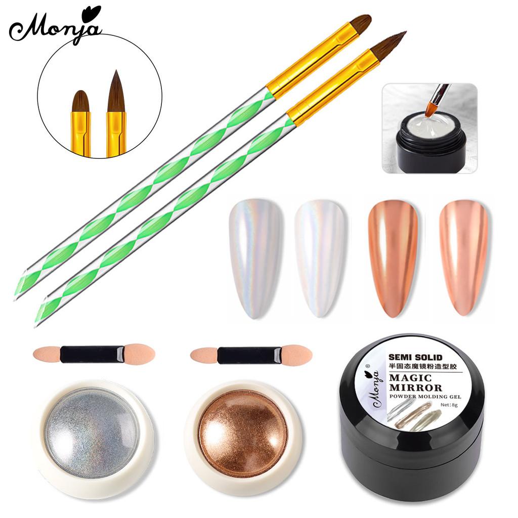 monja 5Pcs/Set Nail Art Set Magic Mirror Powder Semi Solid Magic Molding UV Glue 2Pcs Sponge Brush Manicure Design Tools