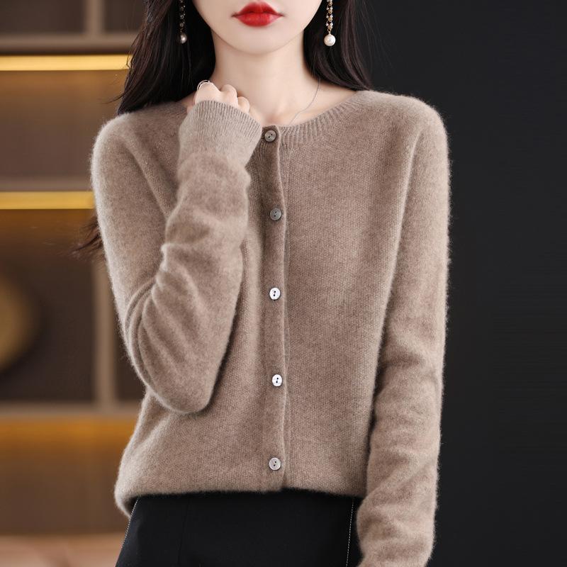Cardigan Women Round Neck Spring and Autumn Long-sleeved Tunic Tops Pure Wool Knitted Jacket Plus Size