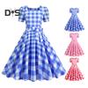 Damen Vintage-Kleid mit Karomuster, quadratischem Kragen, kurzärmelig, Midikleid mit hoher Taille und Schleifendekor, A-Linie, Swing-Kleid