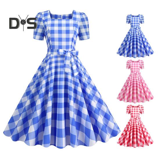 Damen Vintage-Kleid mit Karomuster, quadratischem Kragen, kurzärmelig, Midikleid mit hoher Taille und Schleifendekor, A-Linie, Swing-Kleid