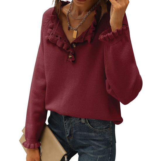 Podzim Zima Ženy Pletení Svetr Dlouhý rukáv Knoflík dolů Volán Trim Pletené topy Jednobarevné Neformální pleteniny