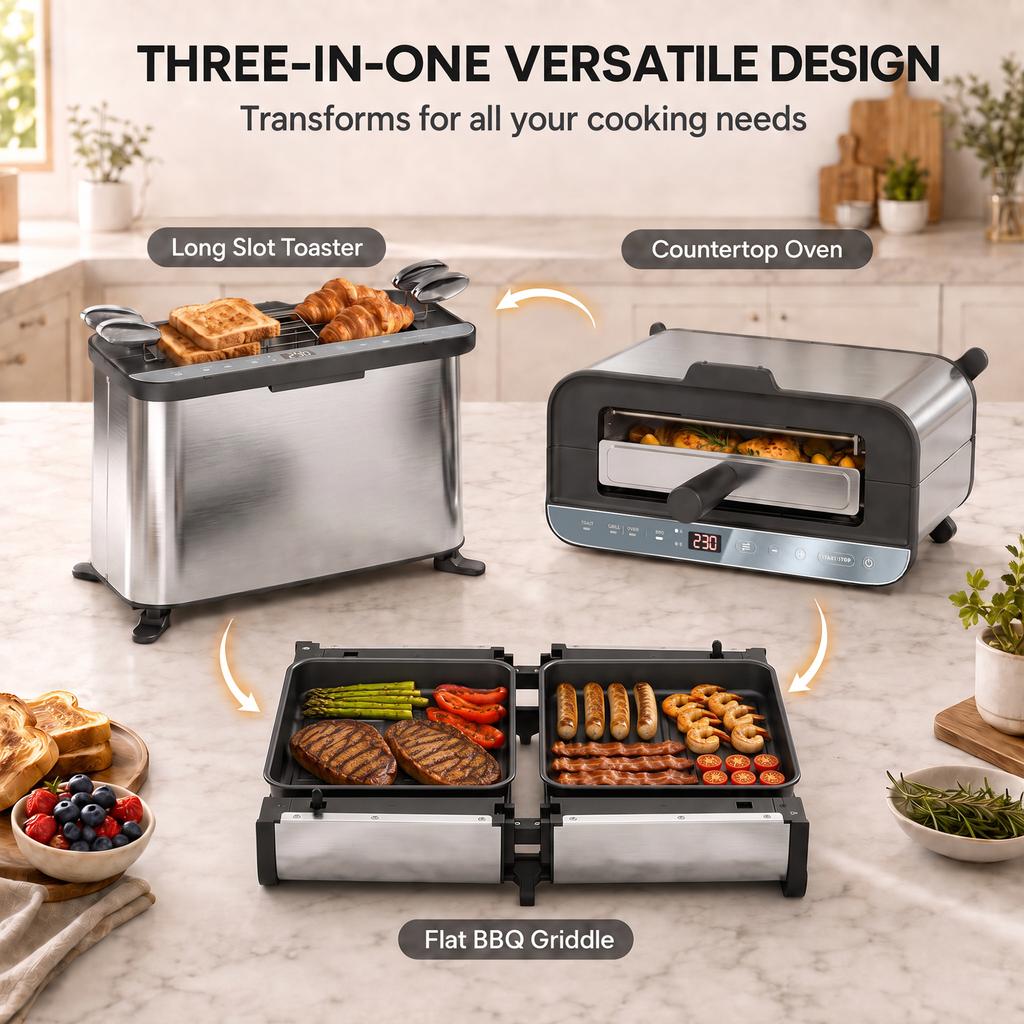 3-in-1 Electric Mini Oven, Long Slot Toaster and Tabletop Grill, with LED Display, 60 Min Timer, Stainless Steel, 1700W