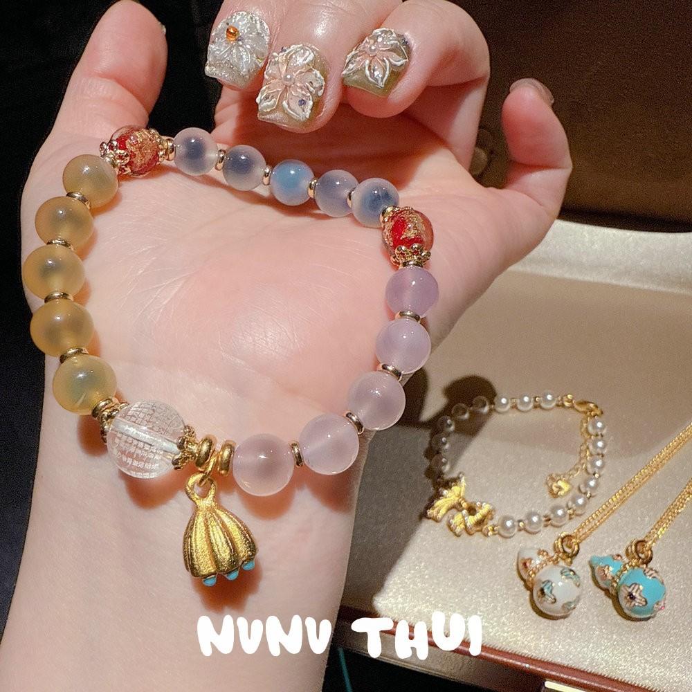 Ancient Filigree Color Sugar Heart Powder Chalcedony Lotus Root Blessing Bead Bracelet, New Chinese Style, Enamel Color Gourd Fulu Necklace