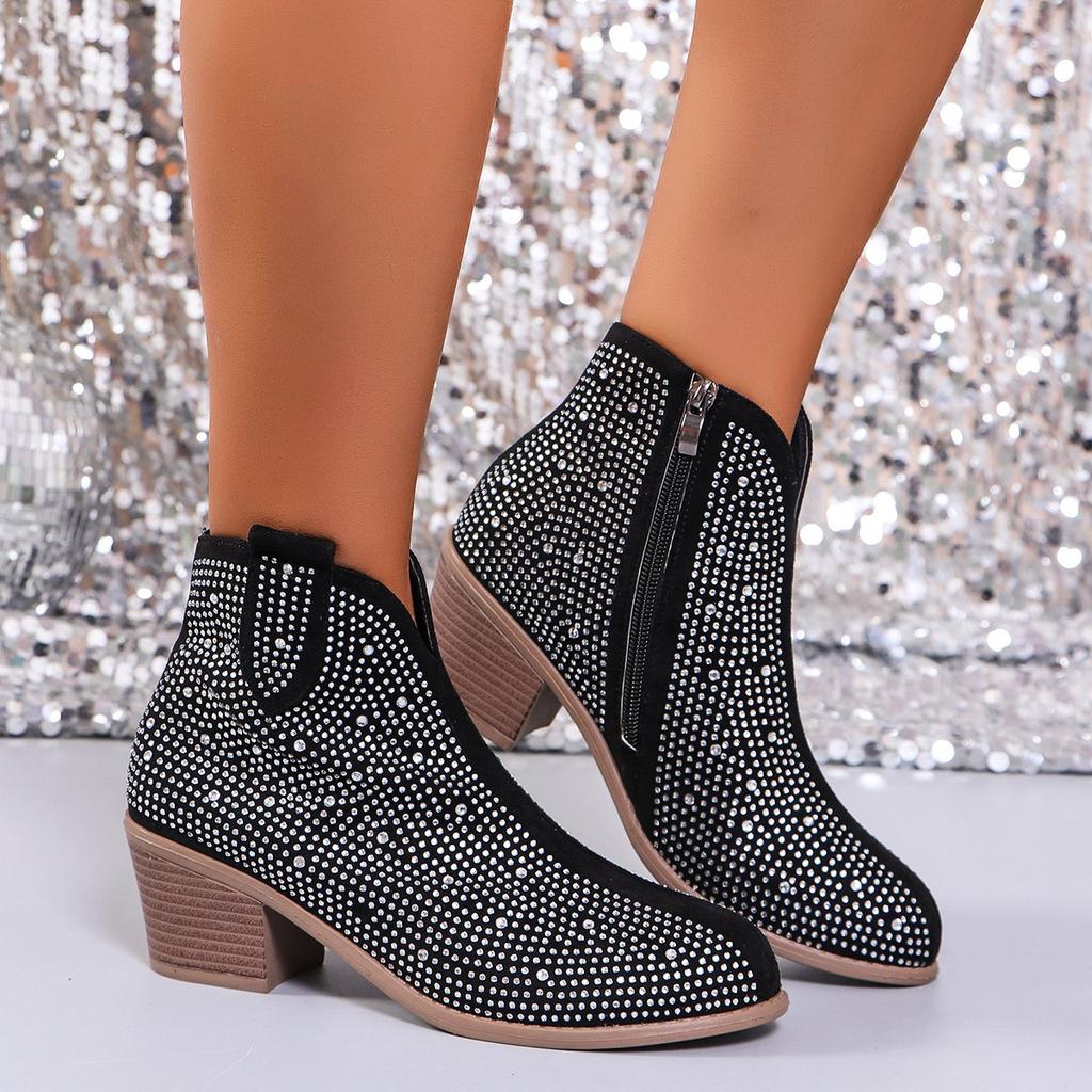 Fashion Women's Ankle Boots with High Heel 2025 High Quality Autumn Zipper Shoes Women Thick Heel Fashion Bling Boots Female Botas Mujer