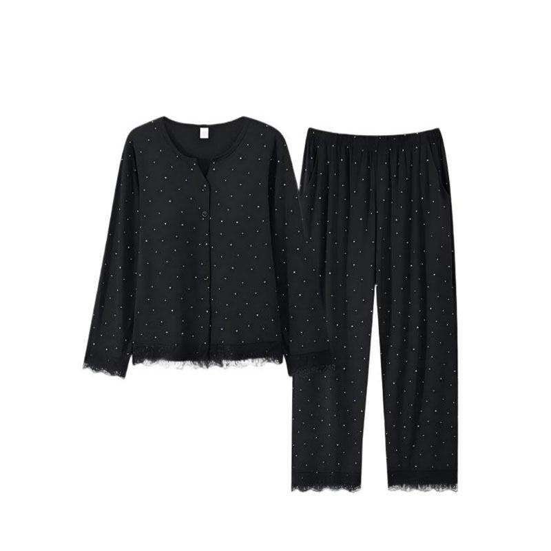 Set de pijama pentru femei cu dantelă cu buline și cupe pentru bust - Mânecă lungă și pantaloni pentru toamnă/iarnă, pentru acasă sau exterior