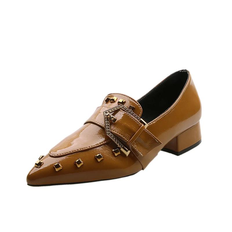 Women's Spring New Slip-on Single Shoes Pointed Toe Block Heel Rivet Metal Buckle Simple Kitten Heel Shoes