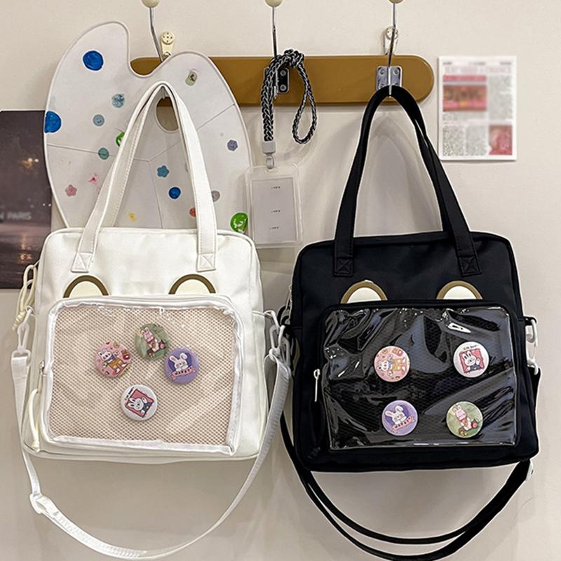 Vielseitige transparente Umhängetasche im japanischen Stil, große Kapazität, Canvas-Umhängetasche, Studententasche, Umhängetasche mit niedlichem Bären im Anime-Stil