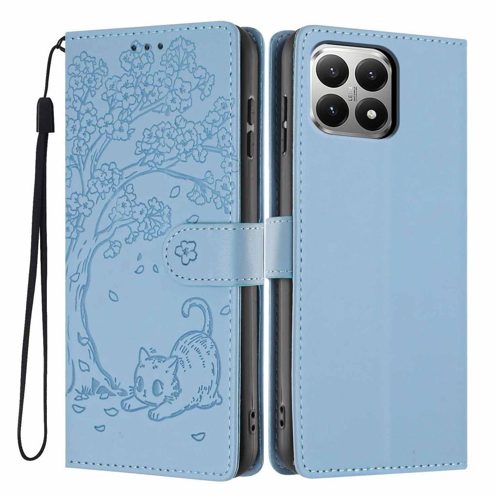 For Xiaomi 15T Stand Case Tree-and-Cat Pattern PU Leather Wallet Protective Phone Cover with Wrist Strap
