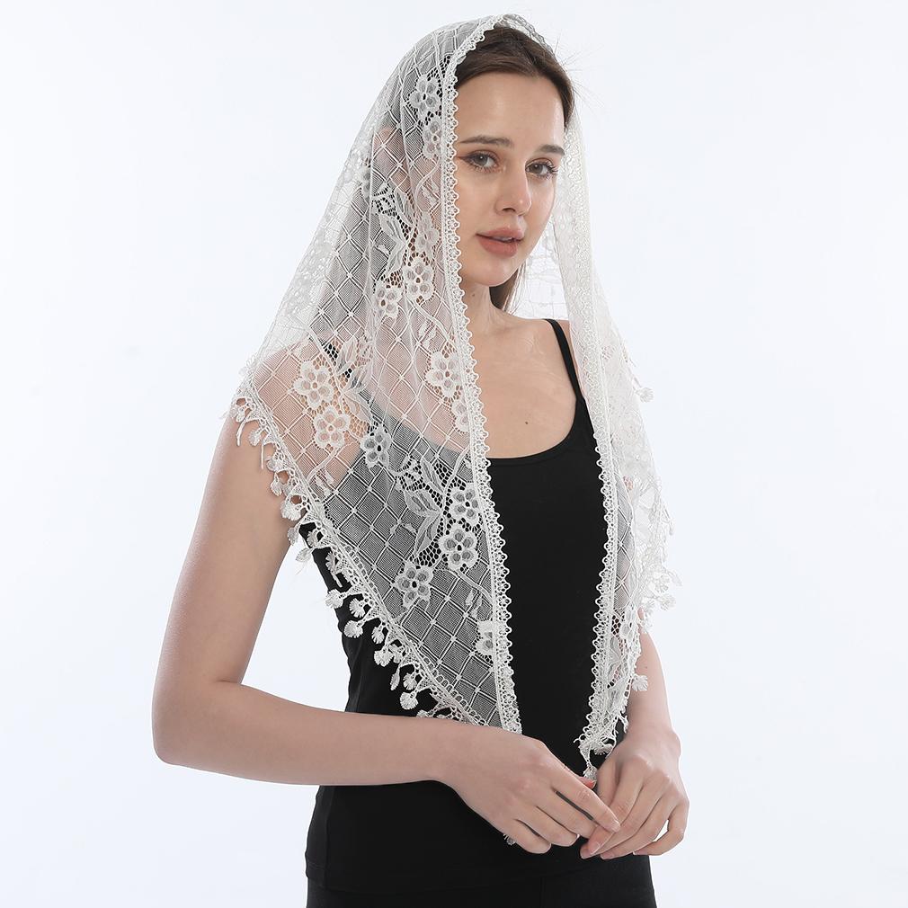 Embroidered Scarf for Church Shawl with Spanish Fringes Christian Veil Spanish Mantilla Lace Shawl Floral Women Handkerchief