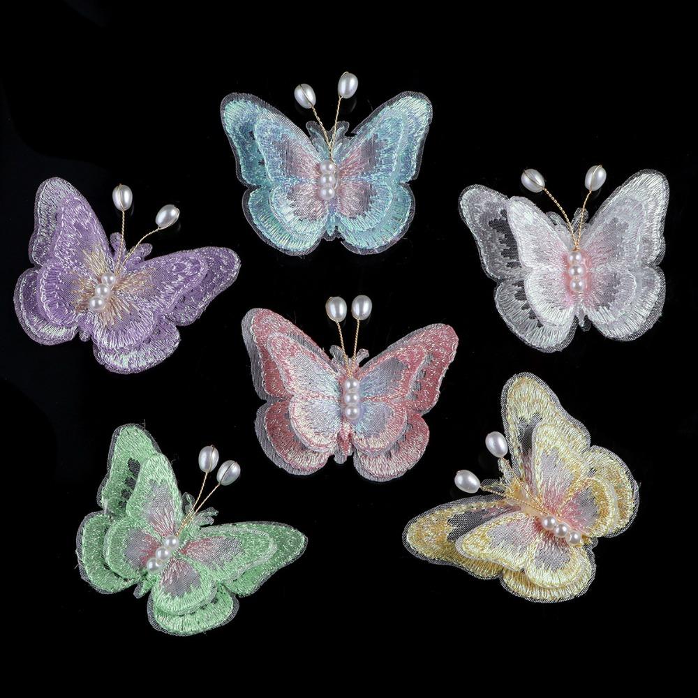 10Pcs 3D Mesh Pearl Butterfly Appliques Double-layer Chinese Style Butterfly Embroidered Patches Cloth