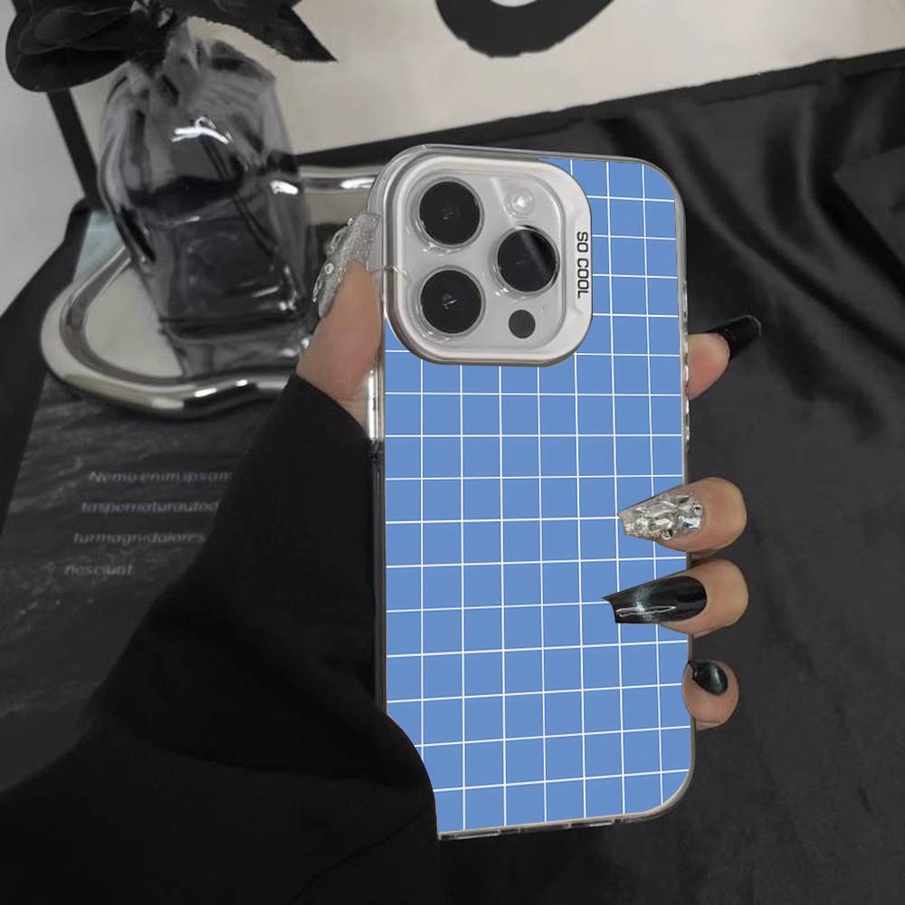 Ins Korean Blue Striped Grid Phone Case For iPhone 17,16,15,14,13,12,Pro,XS,Max,Plus,Mini,SE White Candy Matte Shockproof Cover