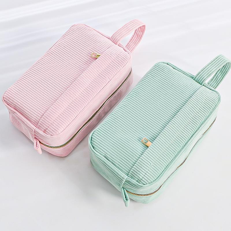 Cream Corduroy Pencil Case Big Capacity Square Shape Pen Case Pouch for Office School Supplies