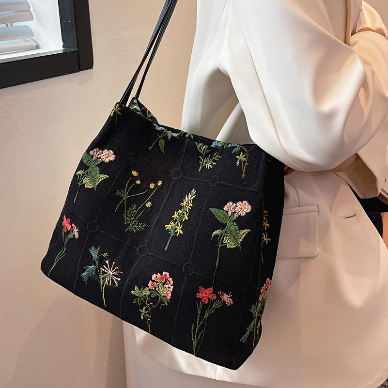 Floral Embroidery Shoulder Bag Vintage Daily Bucket Bag Fashion Handbags For Women