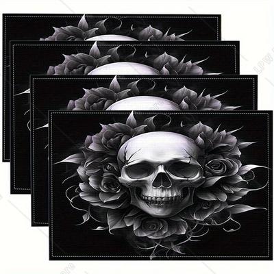 Dark Rose Placemat Gothic Skull Thorn Rose Halloween Party Escape Room Theme Dark Style