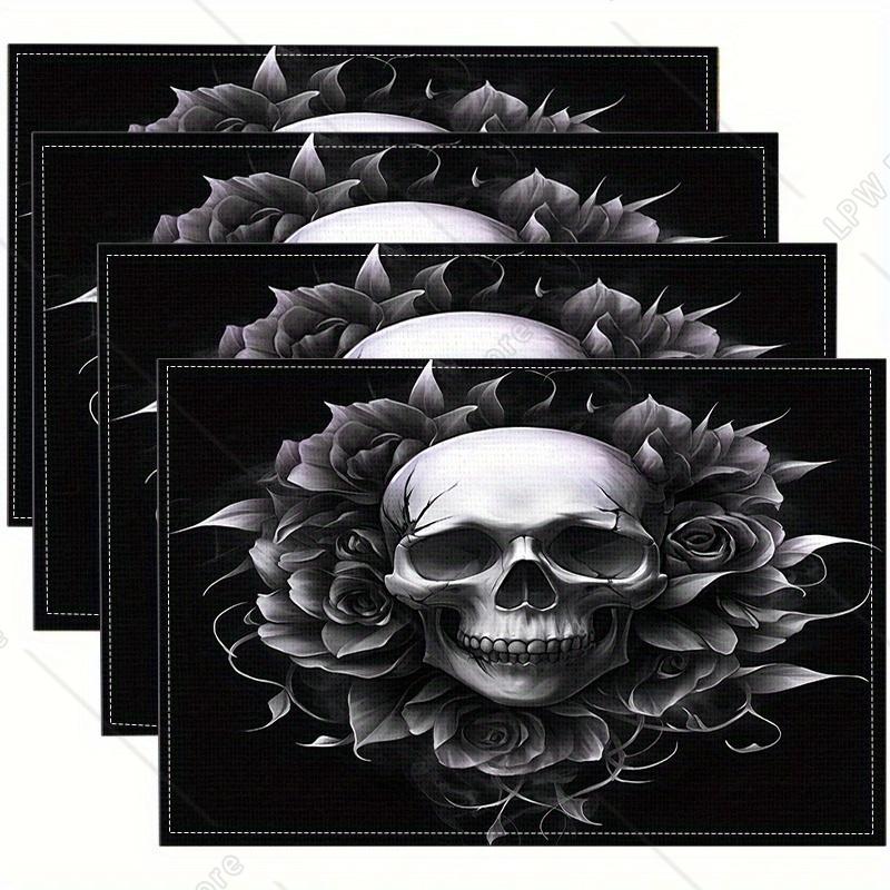 Dark Rose Placemat Gothic Skull Thorn Rose Halloween Party Escape Room Theme Dark Style 4 PCS 12x18inch