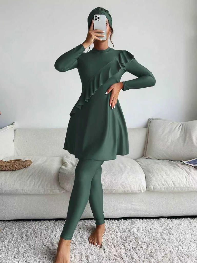 European & American Long-Sleeve One-Piece Swimdress with Slimming Pants