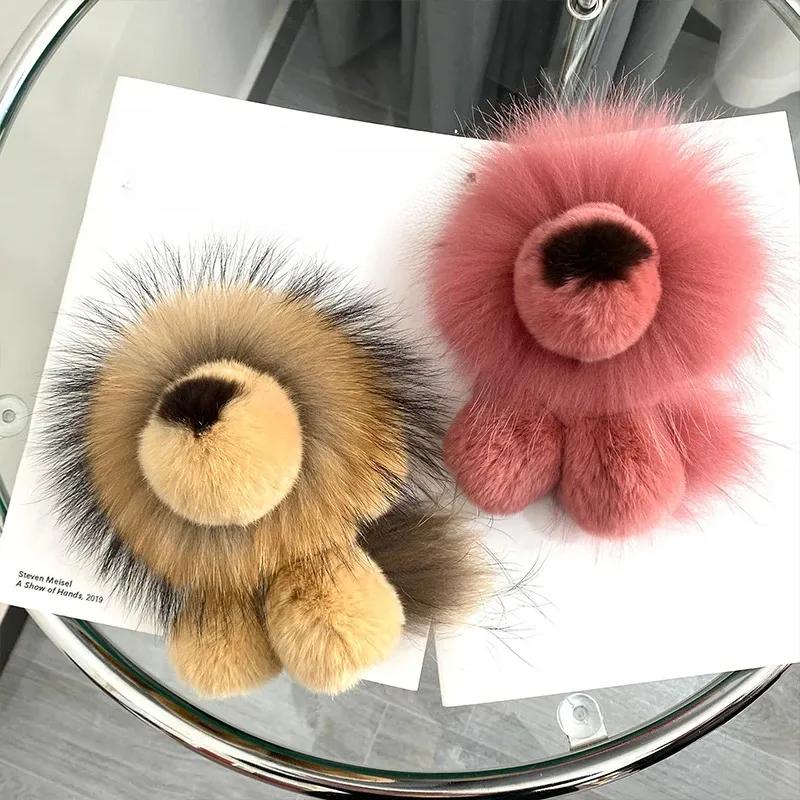 Cute Real Rex Rabbit Fur Simba Lion Bag Charm Car Key Charm Metal Ring Ornaments Kids Birthday Gift 240112