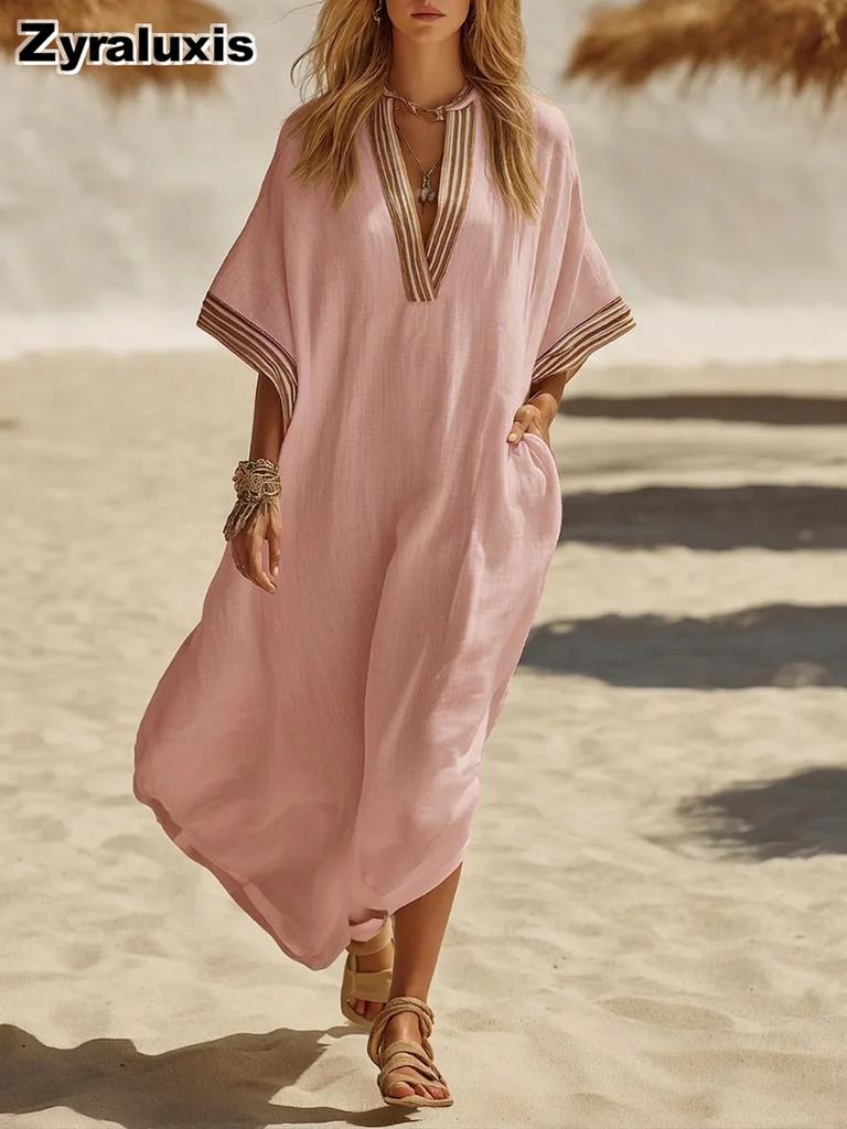 Lockeres V-Ausschnitt Damen Bohemian Maxikleid Sommer Strandurlaub Feiertag Sommerkleid