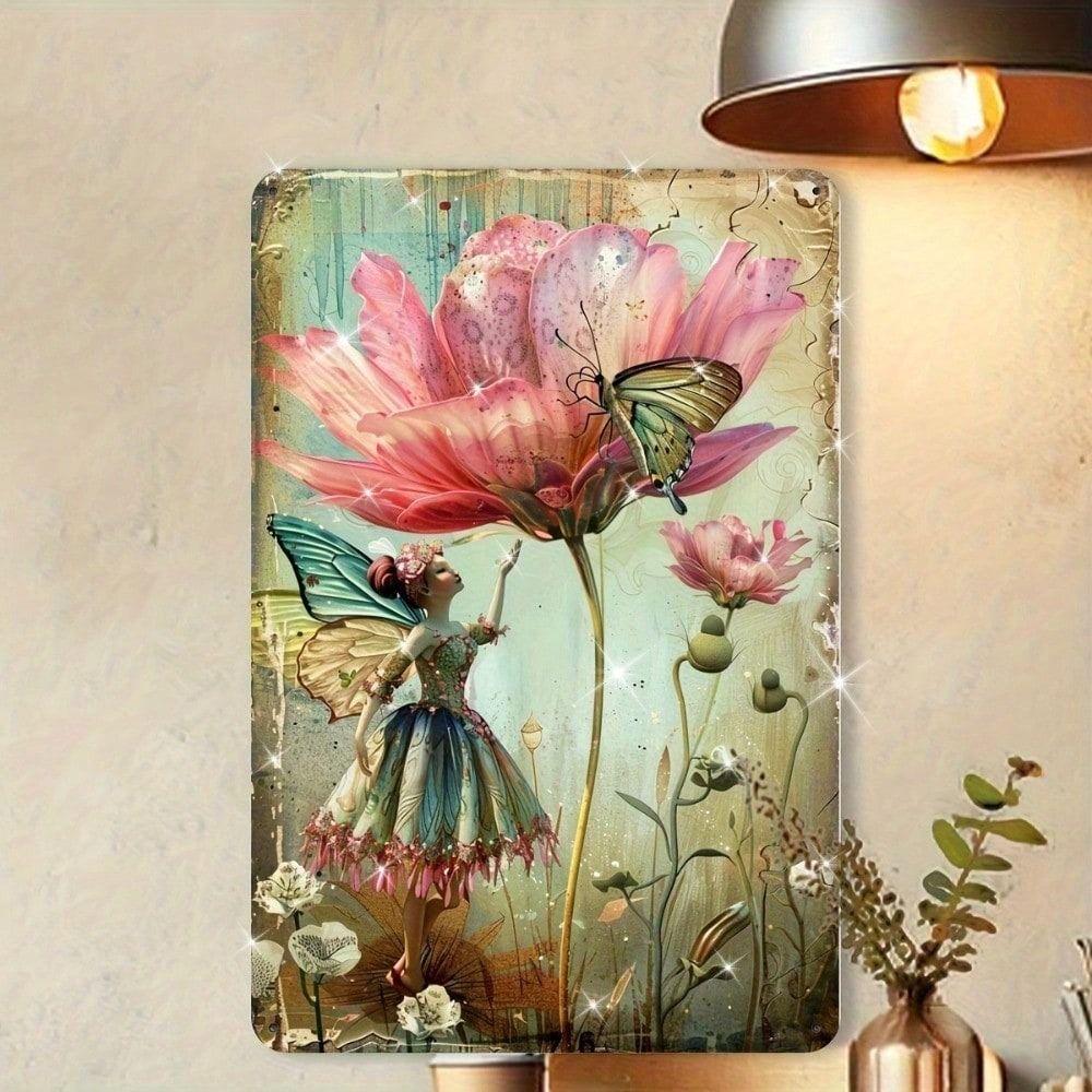 Vintage Metal Wall Art Fairy Garden Flowers Poster