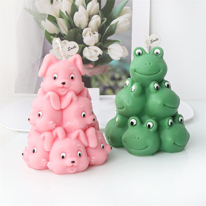 Animal Tower Candle Silicone Molds DIY 3D Frog Bear Dog Cat Rabbit Puppy Bunny Kitten Pile Soap Plaster Mold Pet Decor