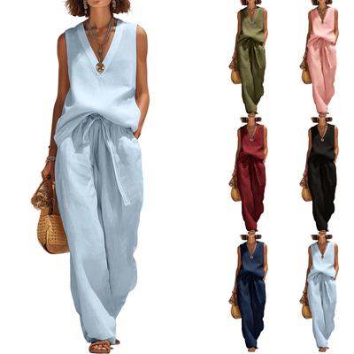 Women Sleeveless V Neck Loose Fit Pullover Top High Waist Wide Leg Pants Set Casual Two Piece Outfit
