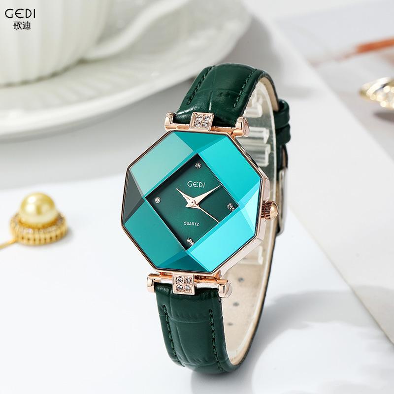 Fashion Accessorie Women's Green Niche High Sense Personalized Octagon Watch Fashion Rhombus Watch Belt Quartz Watch