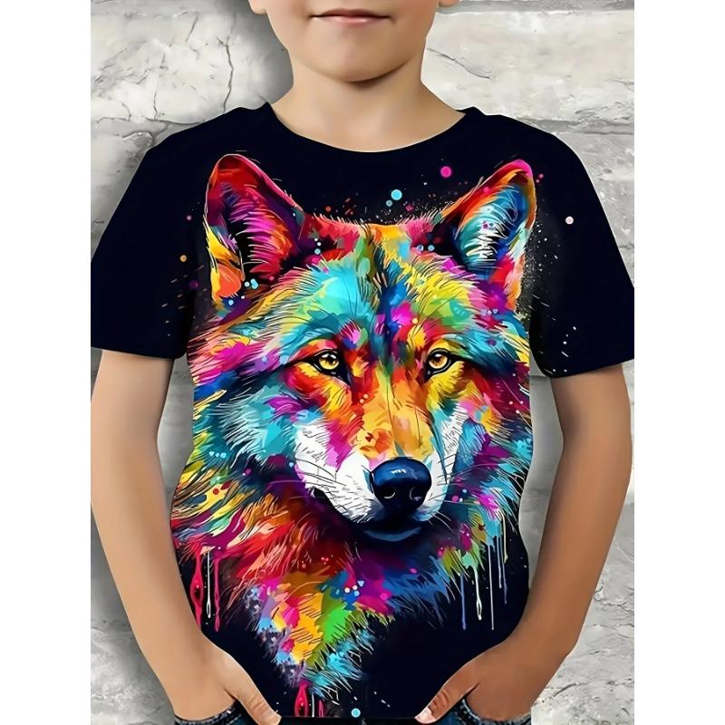 Summer Round Neck 3D Printed Wolf Pattern Top Fashionable Casual Cool Short Sleeved Children's Boy T-shirts