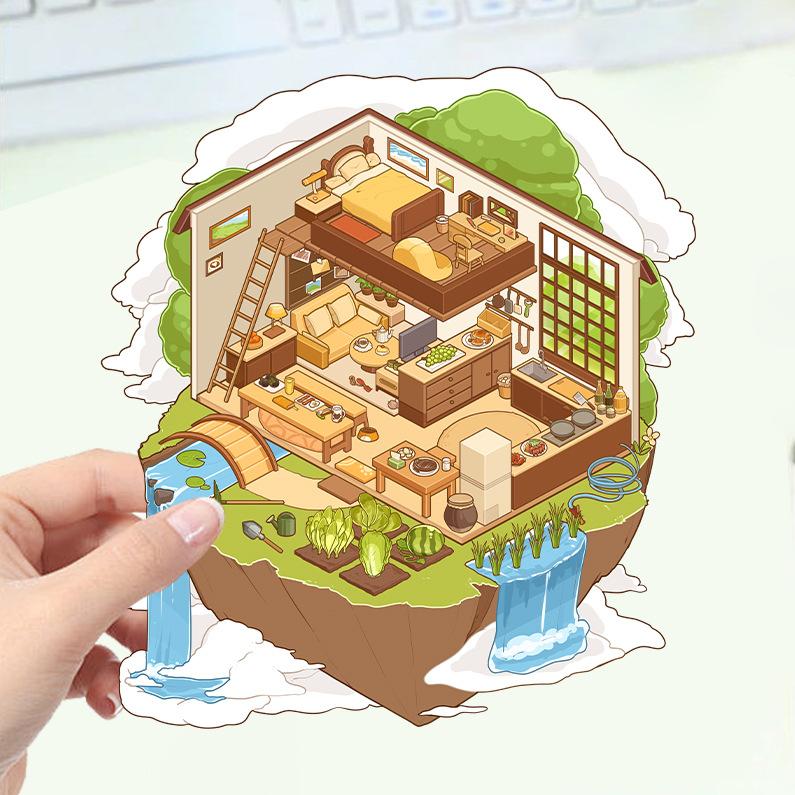 Kreslené krajinné samolepky Vícenásobný miniaturní svět 3D chata Rozbalit DIY scéna Ruční příspěvek