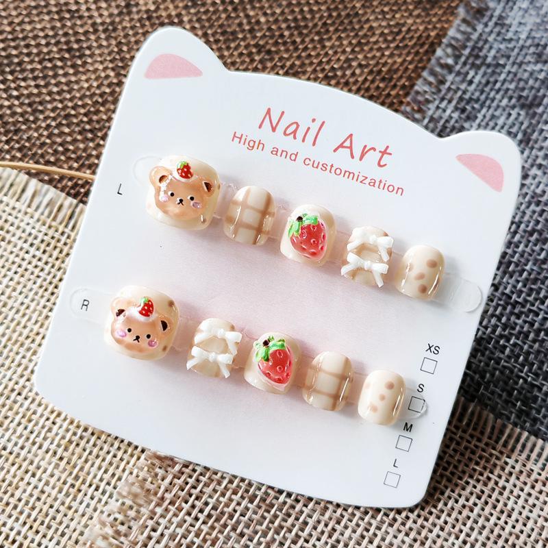 Cartoon Strawberry & Bear Kids Nail Art Stickers: Cute, Handmade, Wearable for Ages 3-10 Small (3-4 years old)