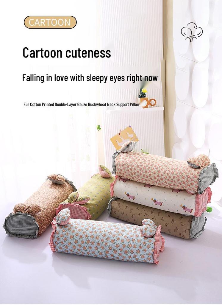 Pure Cotton Cartoon Buckwheat Pillow - Breathable, Sweat-Absorbent, Herbal Core, Removable & Washable Cover, Ideal for Kids & Students.