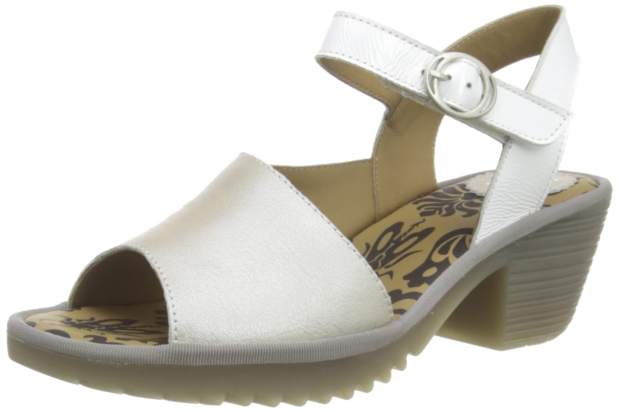 

Fly London Women s Ankle-Strap Sandal, Silver Offwhite, 7