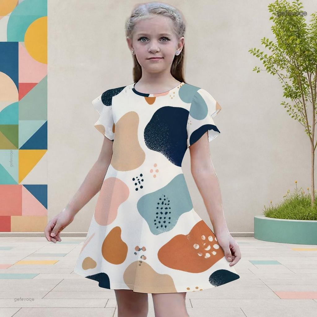 Girls Geometric Printed Round Neck Flutter Sleeve A Line Flared Dress