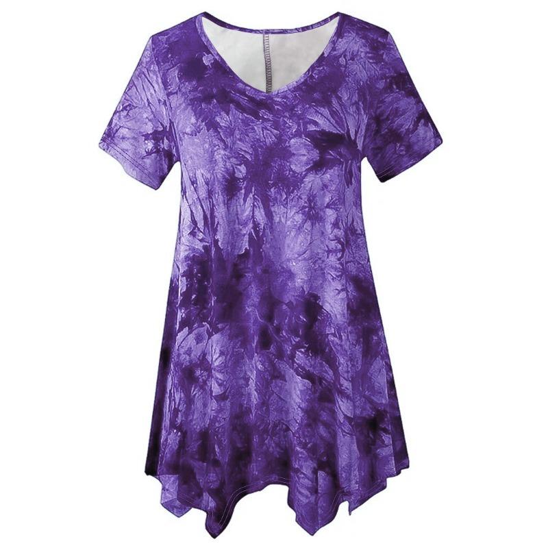Large Size Fashion Tie-dye V-neck Hem Irregular Short Sleeved Blouse Loose O Neck Floral Top Summer Casual Office Sweet Tops Women's Clothing