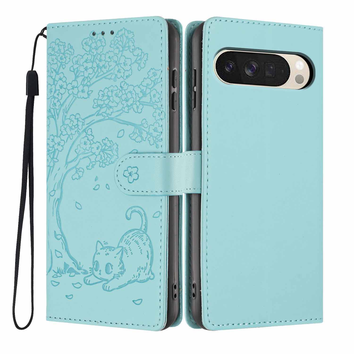 

Stand Case For Google Pixel 10 Pro XL / 9 Pro XL Tree-and-Cat Pattern PU Leather Wallet Protective Phone Cover with Wrist Strap