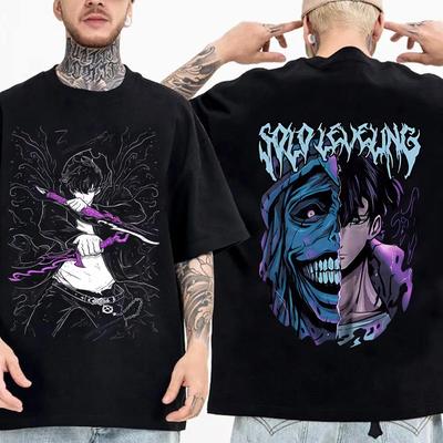T-shirt Stampata Anime Sung Jinwoo Uomo Donna Harajuku High Street Manica Corta Top T-shirt Estiva Casual Larga Traspirante