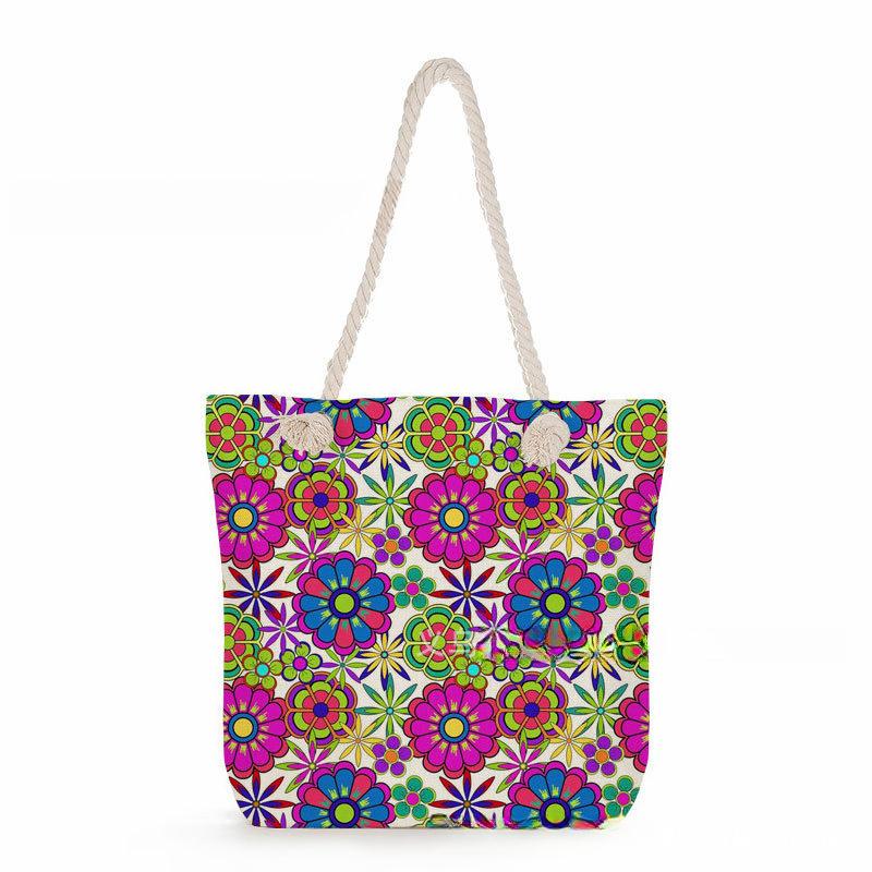 Flower print thick rope single-shoulder beach bag 7357 KTB
