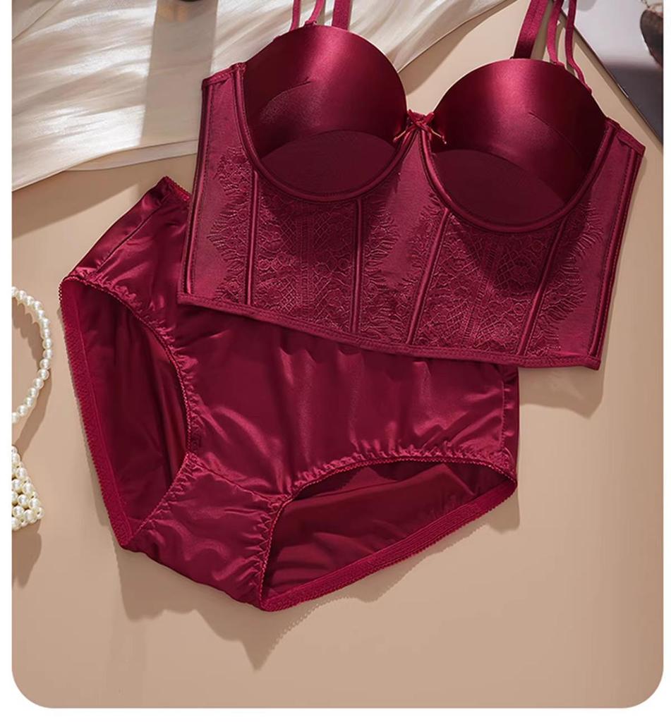 Red Push-Up Bra Set: Six-Button Adjustable, Anti-Side-Boob, No Underwire, Small Bust Enhancement