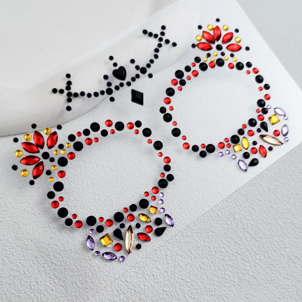Skull Face Diamond Sticker With Colorful Flowers For Party Makeup And Stage Decor