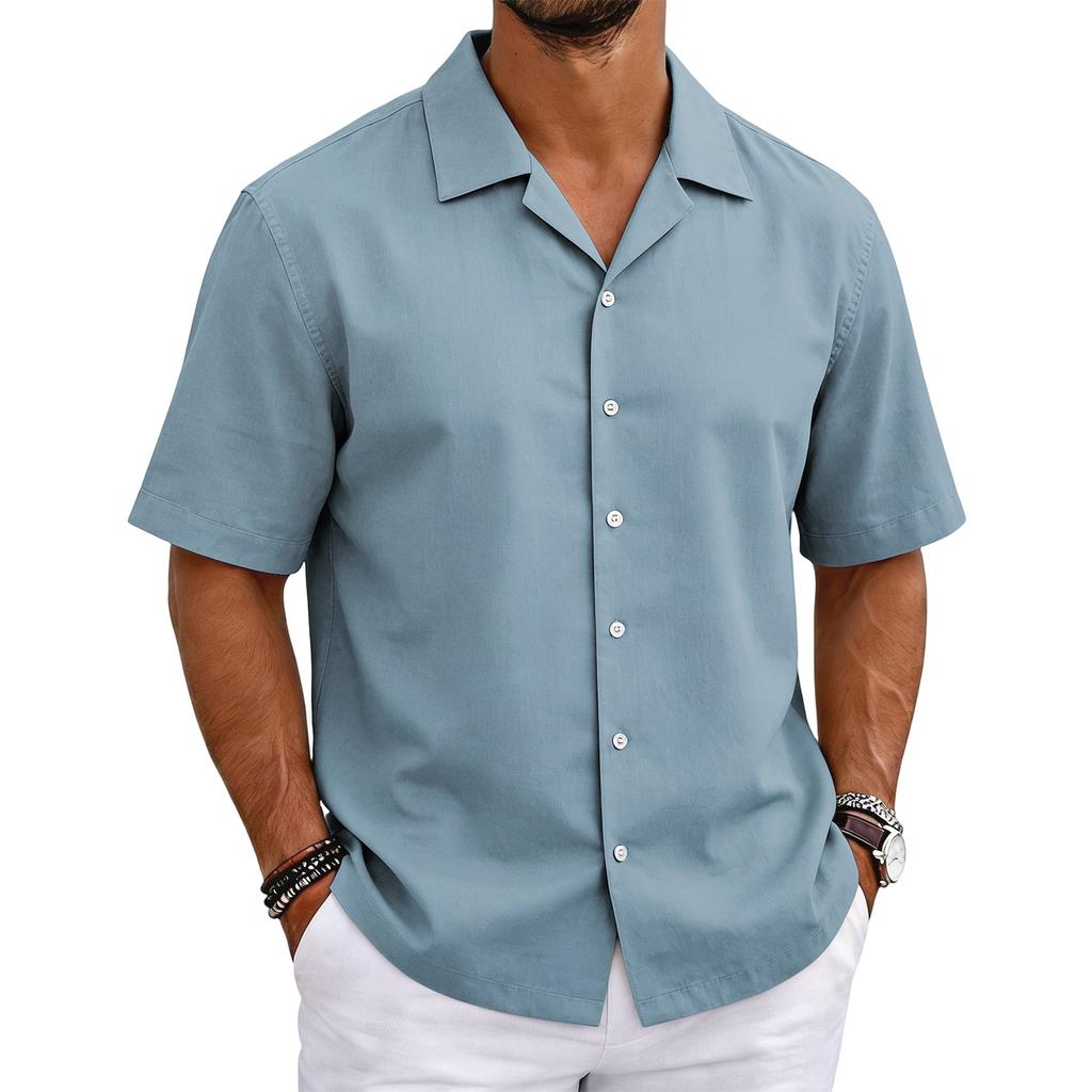 Men's Short Sleeve Cuban Collar Shirt Button Down Casual Lightweight Summer Shirt with Relaxed Fit Breathable Fabric