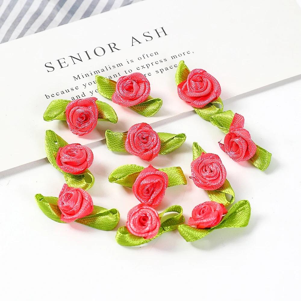 50/100PCS Mini Handmade Rose Flower Satin Ribbon Rosettes Fabric Appliques For DIY Wedding Decoration Craft Sewing Accessories
