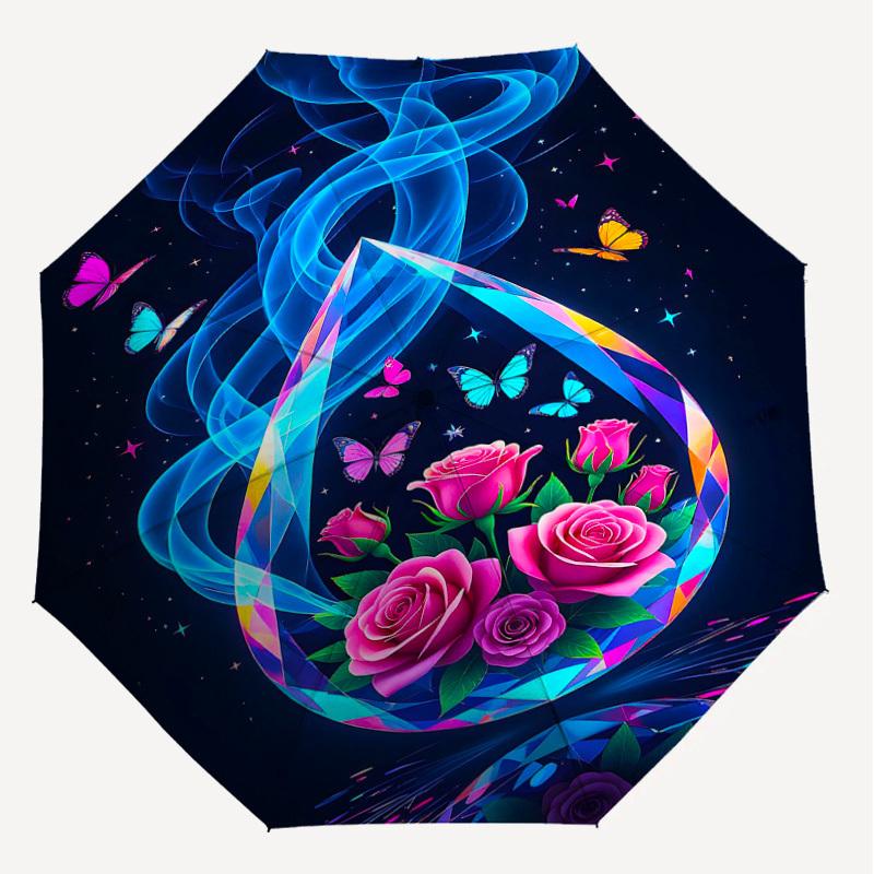 1pc Flowers Butterfly Automatic Open/Close Umbrella Compact Folding Umbrella with 8-Rib Shaft for Women/Men, Portable Travel Umbrella,1187S