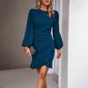 Ladies' Bubble Sleeve Clean Color Hip Wrapping Dress