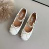 Sheepskin version~ Small inner height increase rhinestone ballet shoes women's shallow mouth single shoes bow Mary Jane shoes