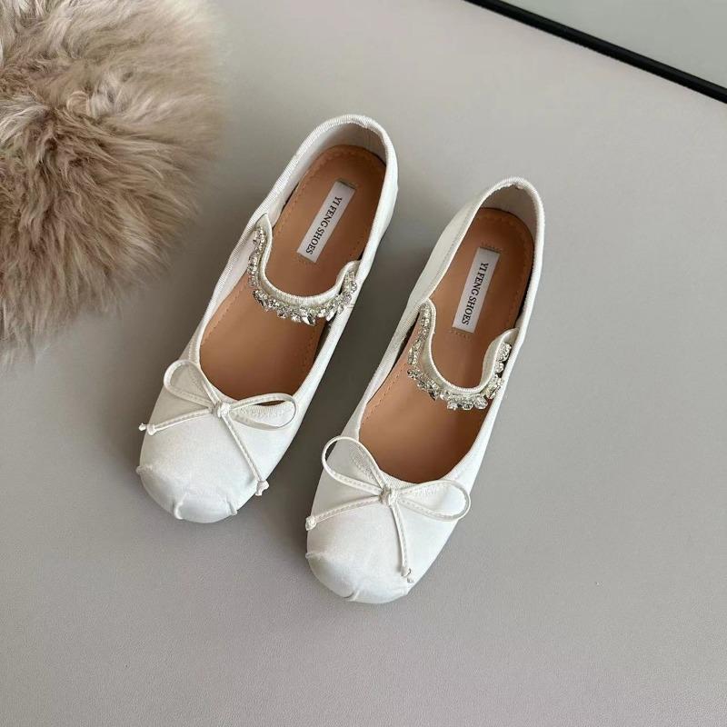 Sheepskin version~ Small inner height increase rhinestone ballet shoes women's shallow mouth single shoes bow Mary Jane shoes